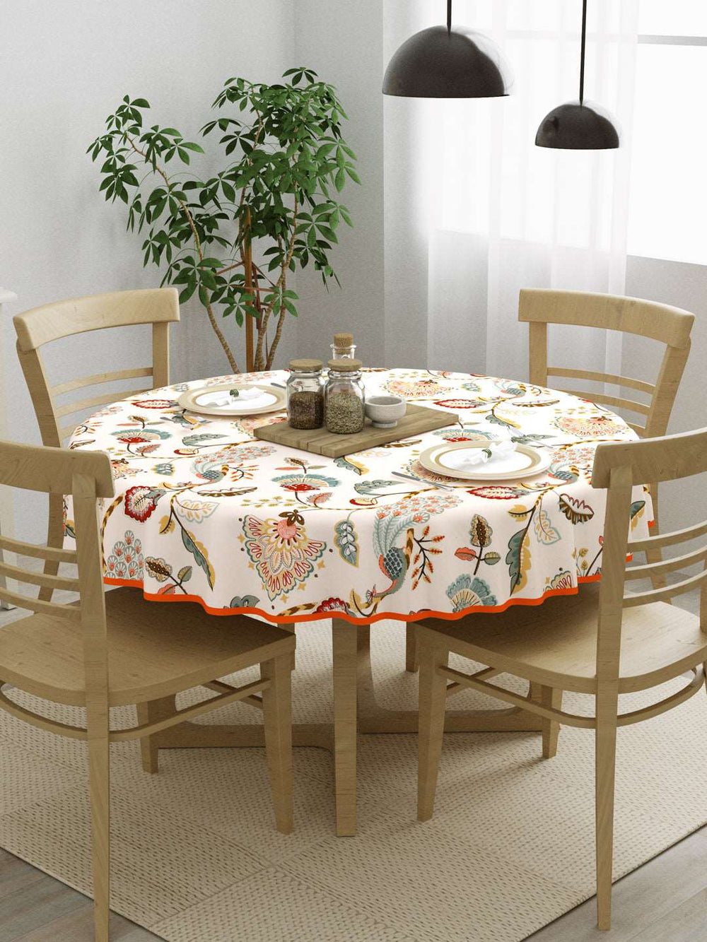 100% Cotton 4 Seater Round Table Cover; 60x60 Inches; Multicolor Peacock