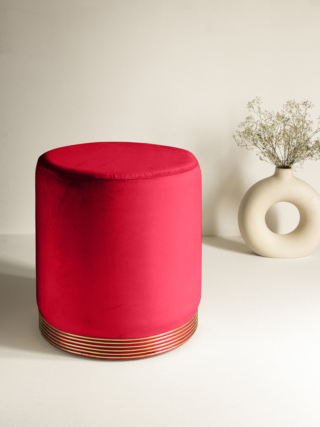 Suede Crimson Red Stool With Gold Rings