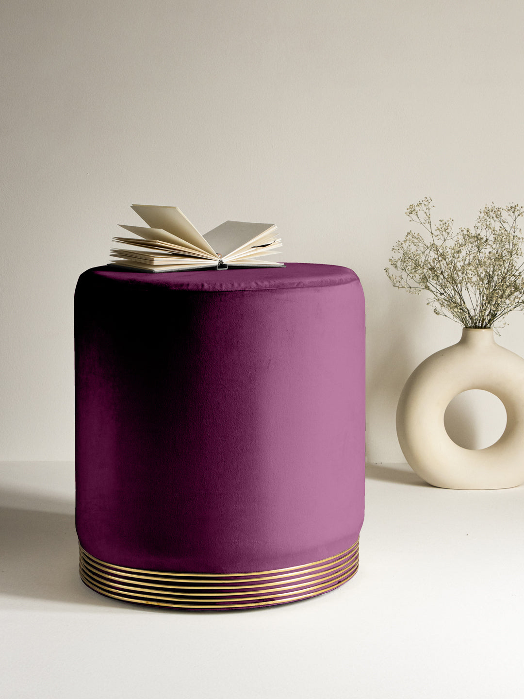 Suede Grape Purple Stool With Gold Rings