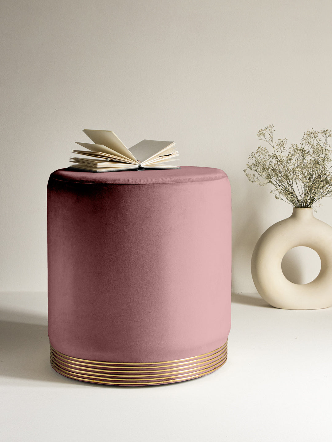 Suede Kobi Pink Stool With Gold Rings