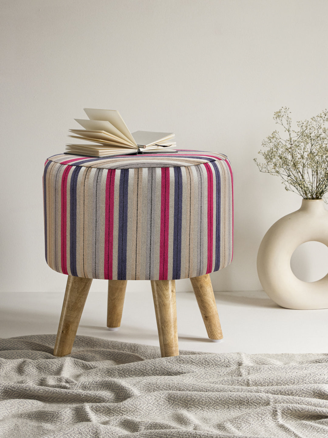 Stool With Wooden Legs; Multicolor Lines