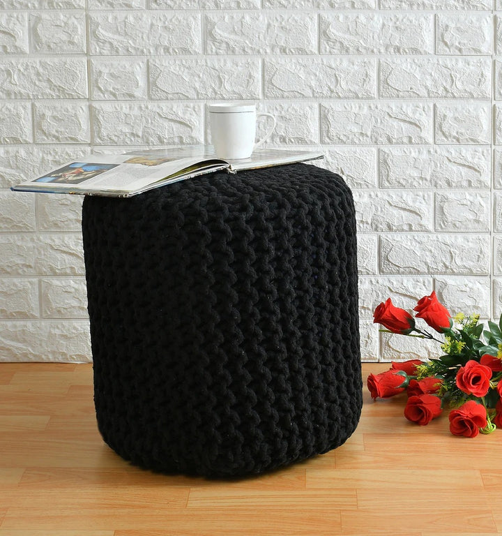Knitted Cotton Ottoman/Stool; Black