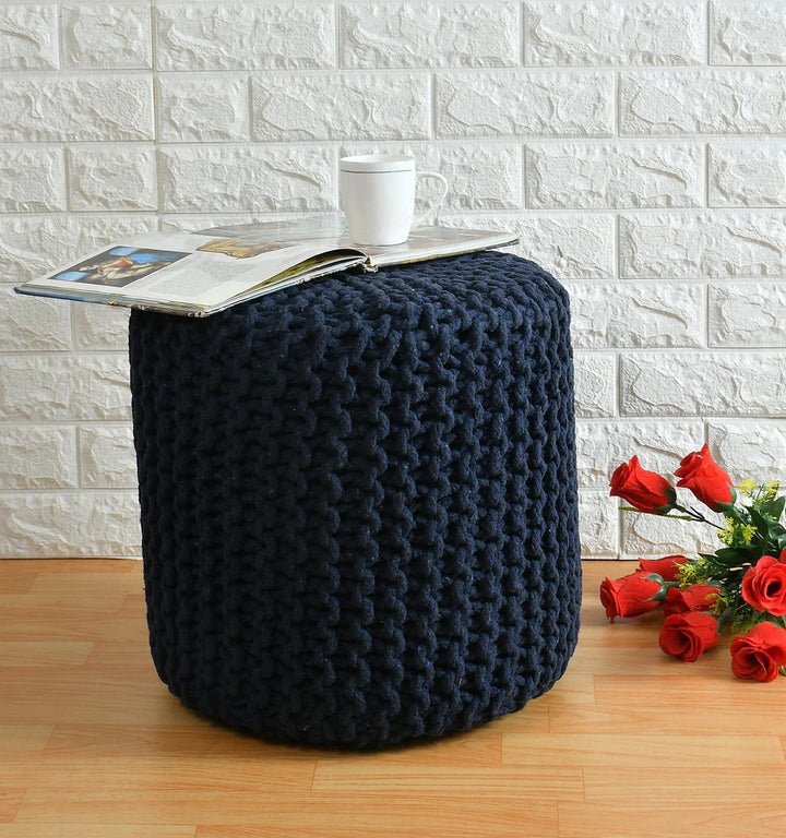 Knitted Cotton Ottoman/Stool; Blue