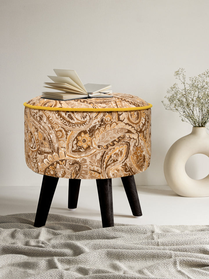 Brown Leaves Print Ottoman With Wooden Legs