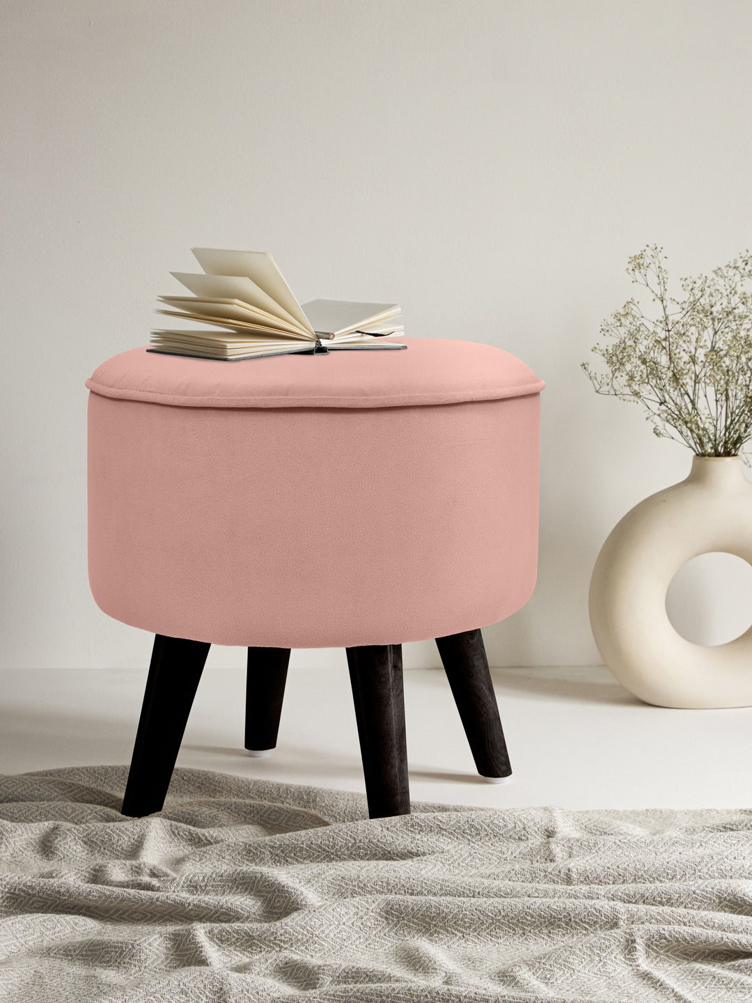 Flamingo Pink Ottoman With Wooden Legs