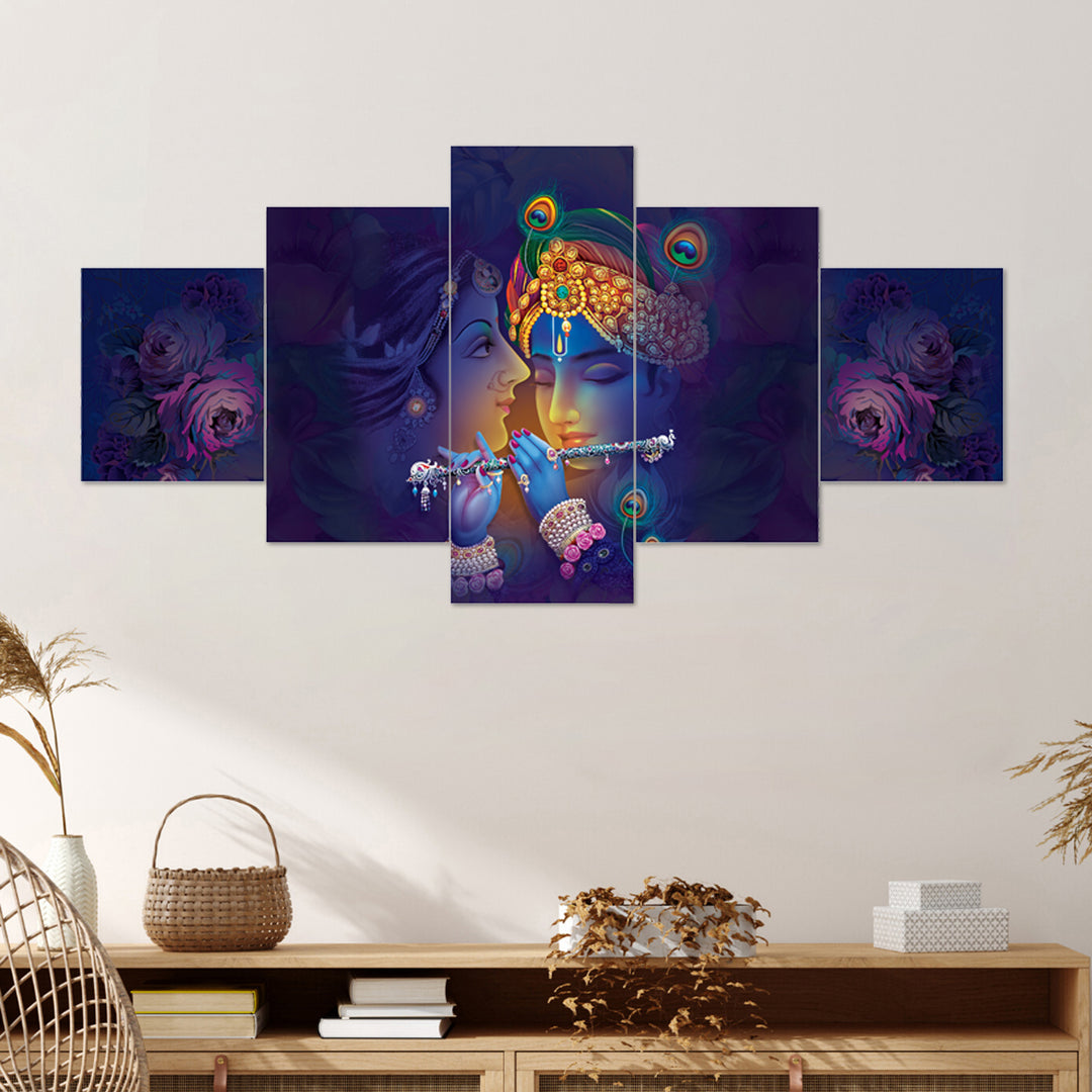 Set Of 5 Pcs 3D Wall Painting With Frame; 17x30 Inches; Purple Radha Krishna With Flute