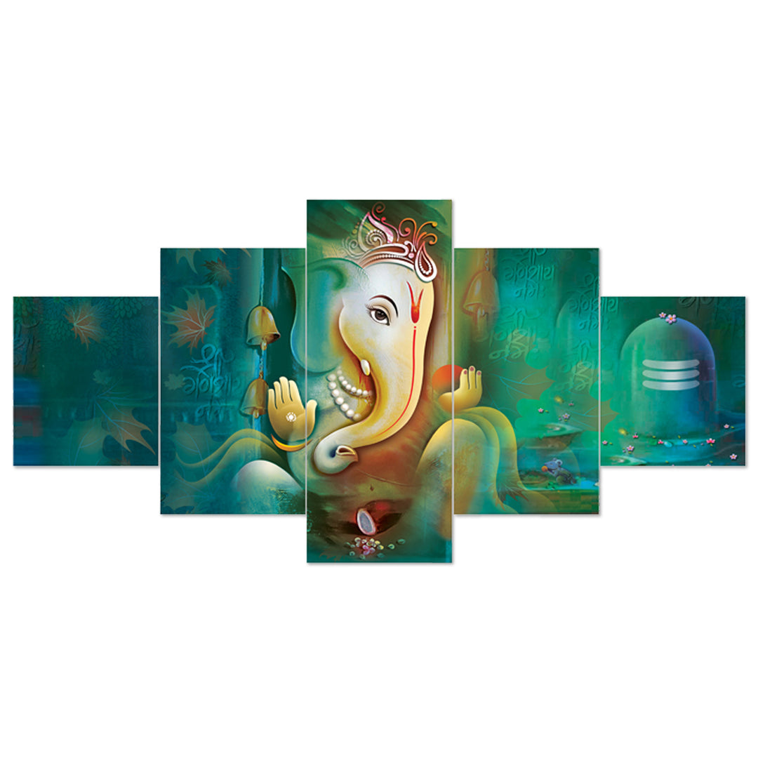 Set Of 5 Pcs 3D Wall Painting With Frame; 17x30 Inches; Ganesh Idol With Bells