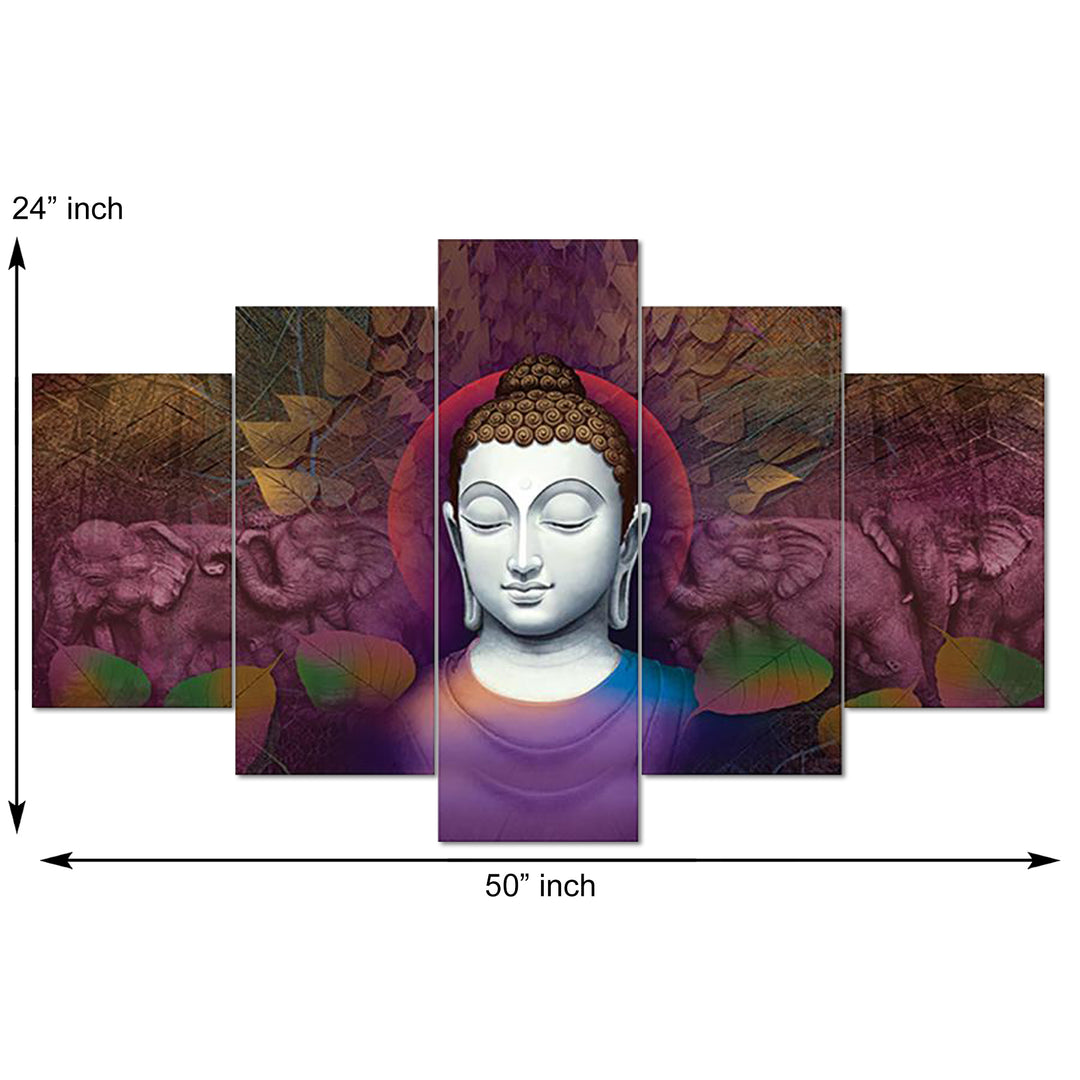 Set Of 5 Pcs 3D Wall Painting With Frame; 24x50 Inches; Buddha Face With Purple Leaves