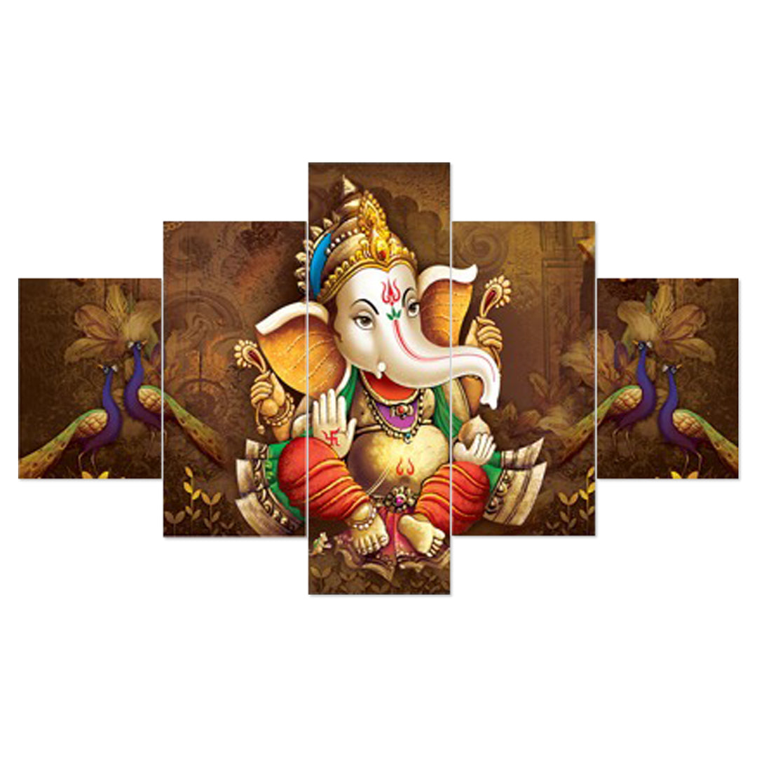 Set Of 5 Pcs 3D Wall Painting With Frame; 24x50 Inches; Ganesh Ji With 4 Peacocks