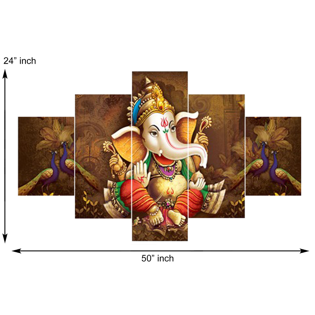 Set Of 5 Pcs 3D Wall Painting With Frame; 24x50 Inches; Ganesh Ji With 4 Peacocks