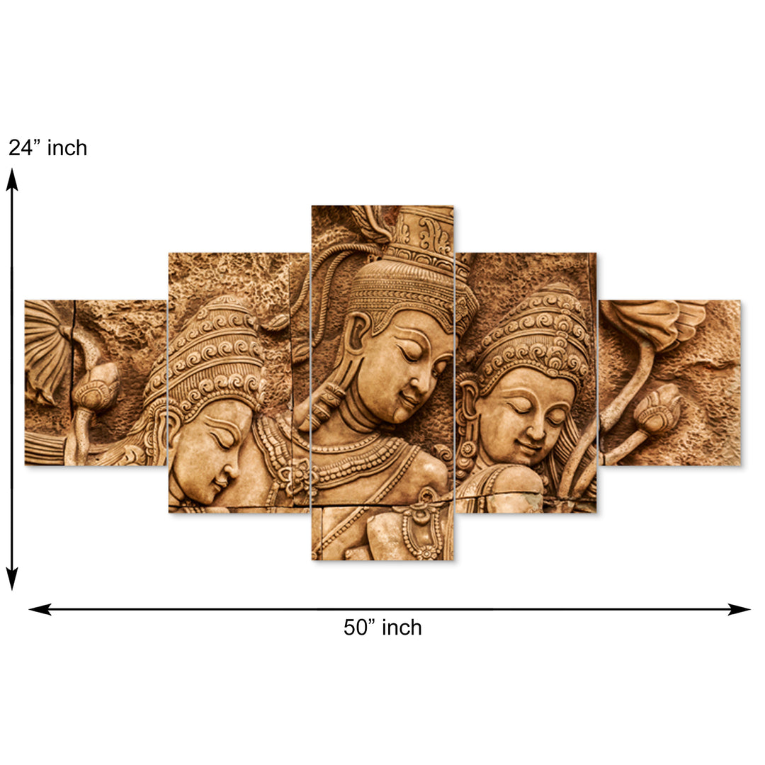 Set Of 5 Pcs 3D Wall Painting With Frame; 24x50 Inches; Buddha In Caves