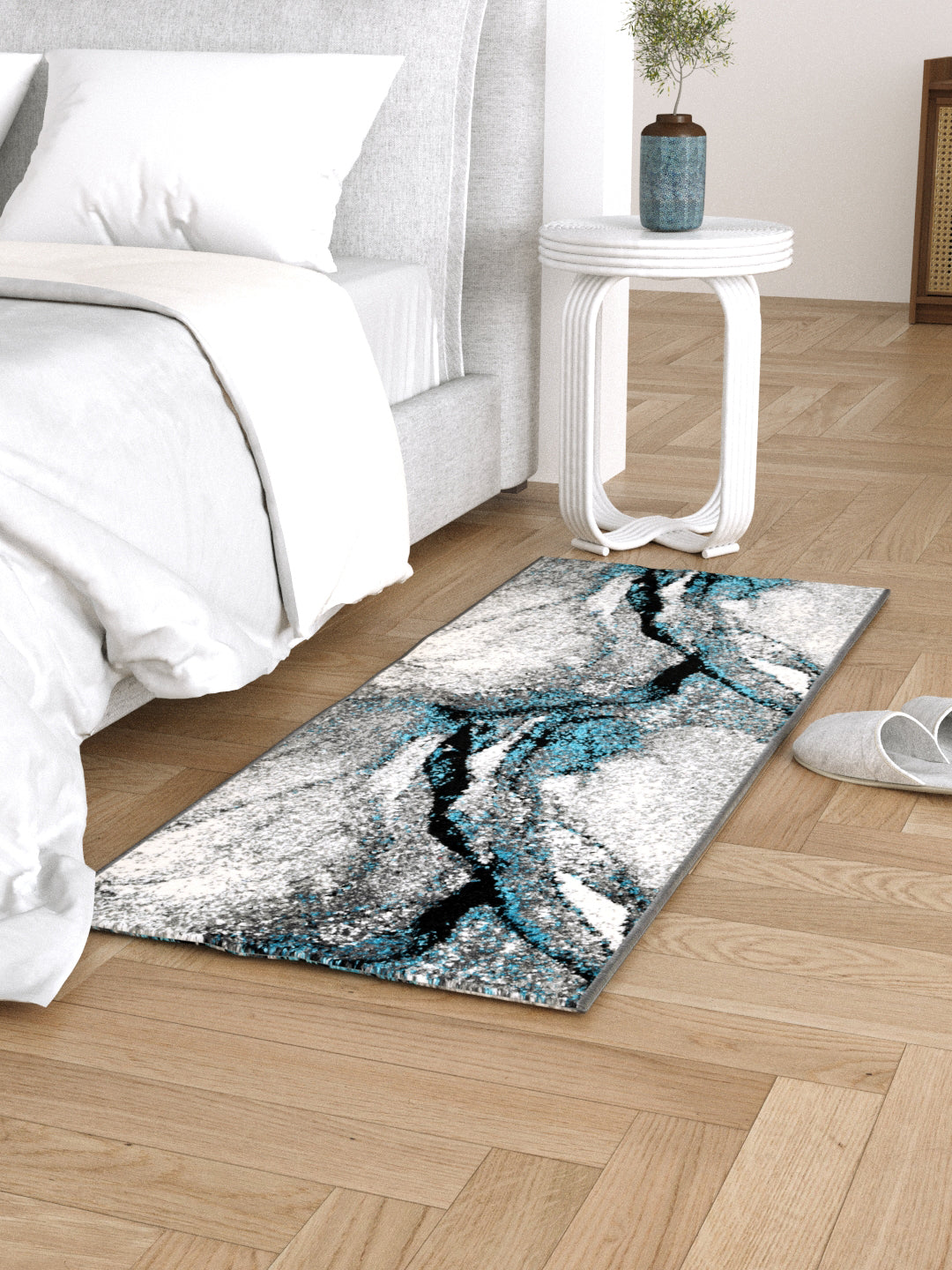 Bedside Runner Carpet Rug With Anti Skid Backing; 57x140 cms; Grey Black Abstract