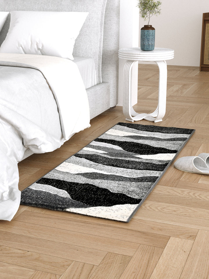 Bedside Runner Carpet Rug With Anti Skid Backing; 57x140 cms; Grey White Abstract
