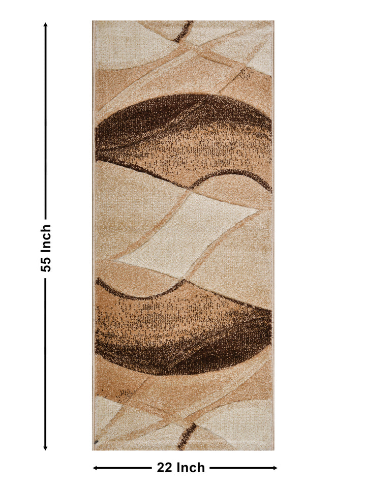 Bedside Runner Carpet Rug With Anti Skid Backing; 57x140 cms; Beige Brown Abstract