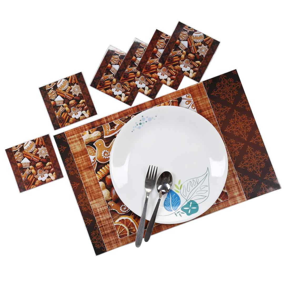 PVC Reversible Table Mats, Kitchen & Dining Placement; Set of 6 Mats + 6 Coasters; Both Side Printed;