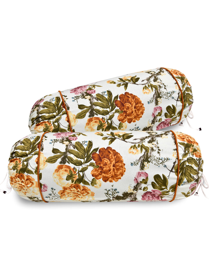 Cotton Bolster Covers; Set Of 2; 300 TC; Orange Flowers & Green Leaves