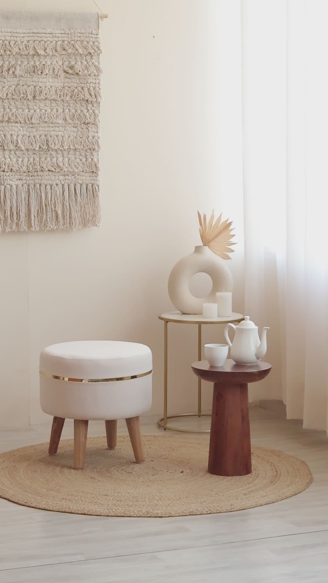 Suede Midnight Black Stool With Golden Ring & Wood Legs