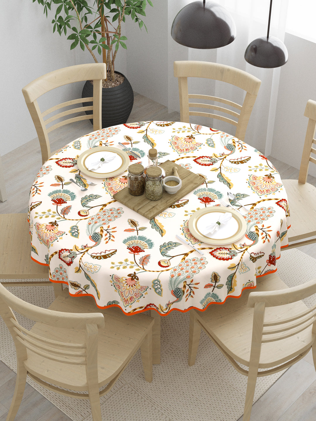 100% Cotton Round Table Cover; Multicolor Peacock