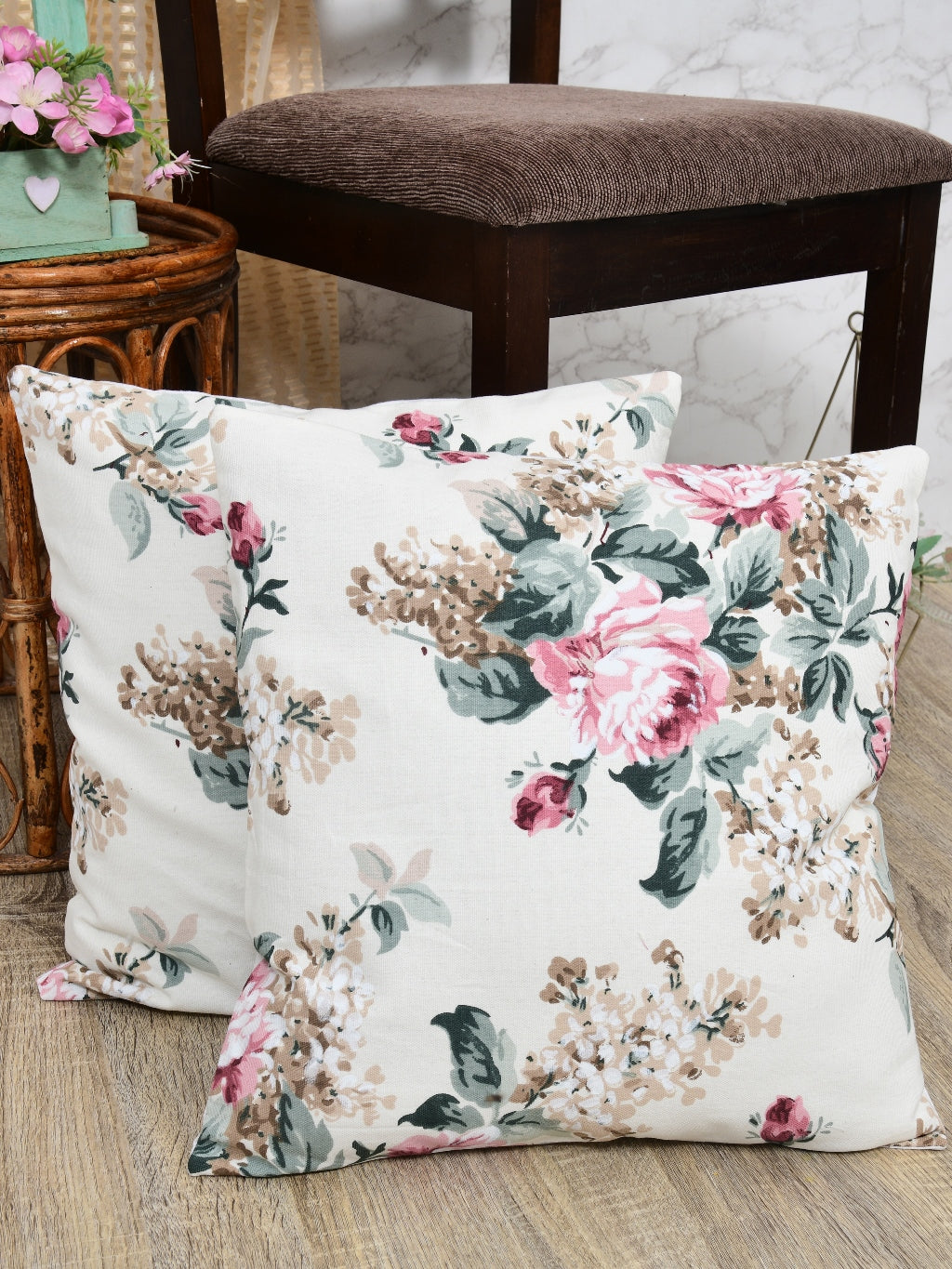 Vivid Blossom Floral Printed Cotton 18x18 Inch Cushion Covers Pack of 2