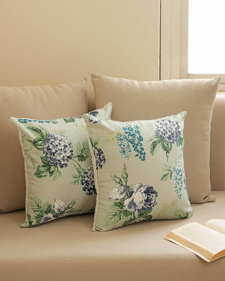Duck Cotton Decorative Cushion Covers Sage Green Floral | Set of 2 Cushion Covers 18x18 Inch