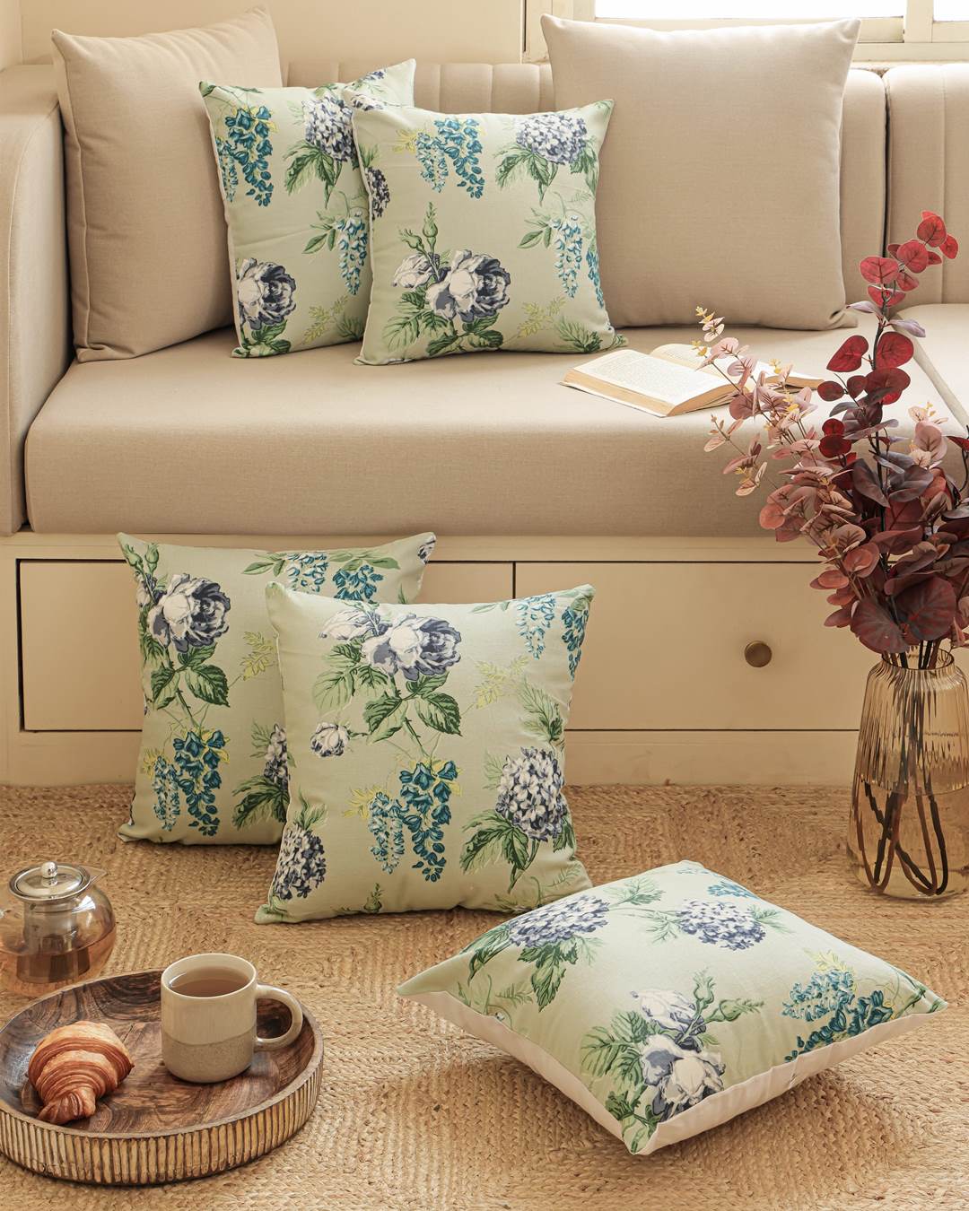 Duck Cotton Decorative Cushion Covers Sage Green Floral | Set of 2 Cushion Covers 24x24 Inch