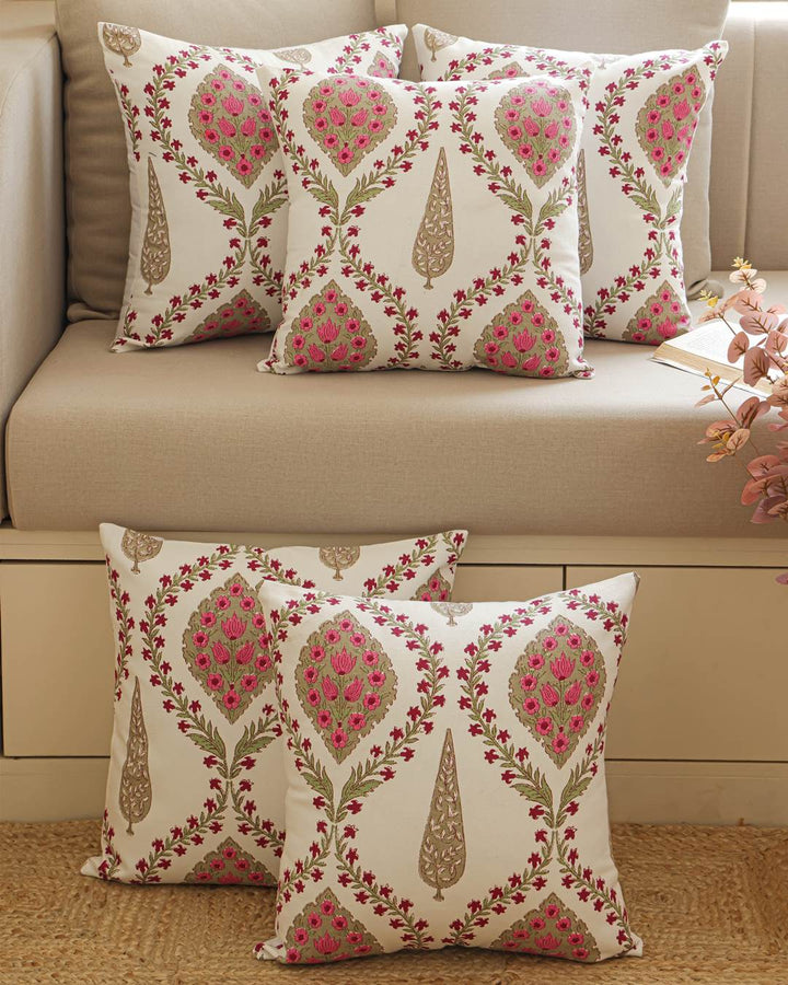Duck Cotton Decorative Cushion Covers Ivory Pink Medallion | Set of 5 Cushion Covers 24x24 Inch