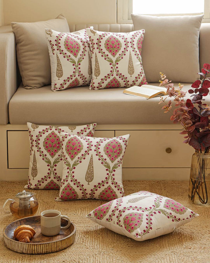 Duck Cotton Decorative Cushion Covers Ivory Pink Medallion | Set of 5 Cushion Covers 12x12 Inch