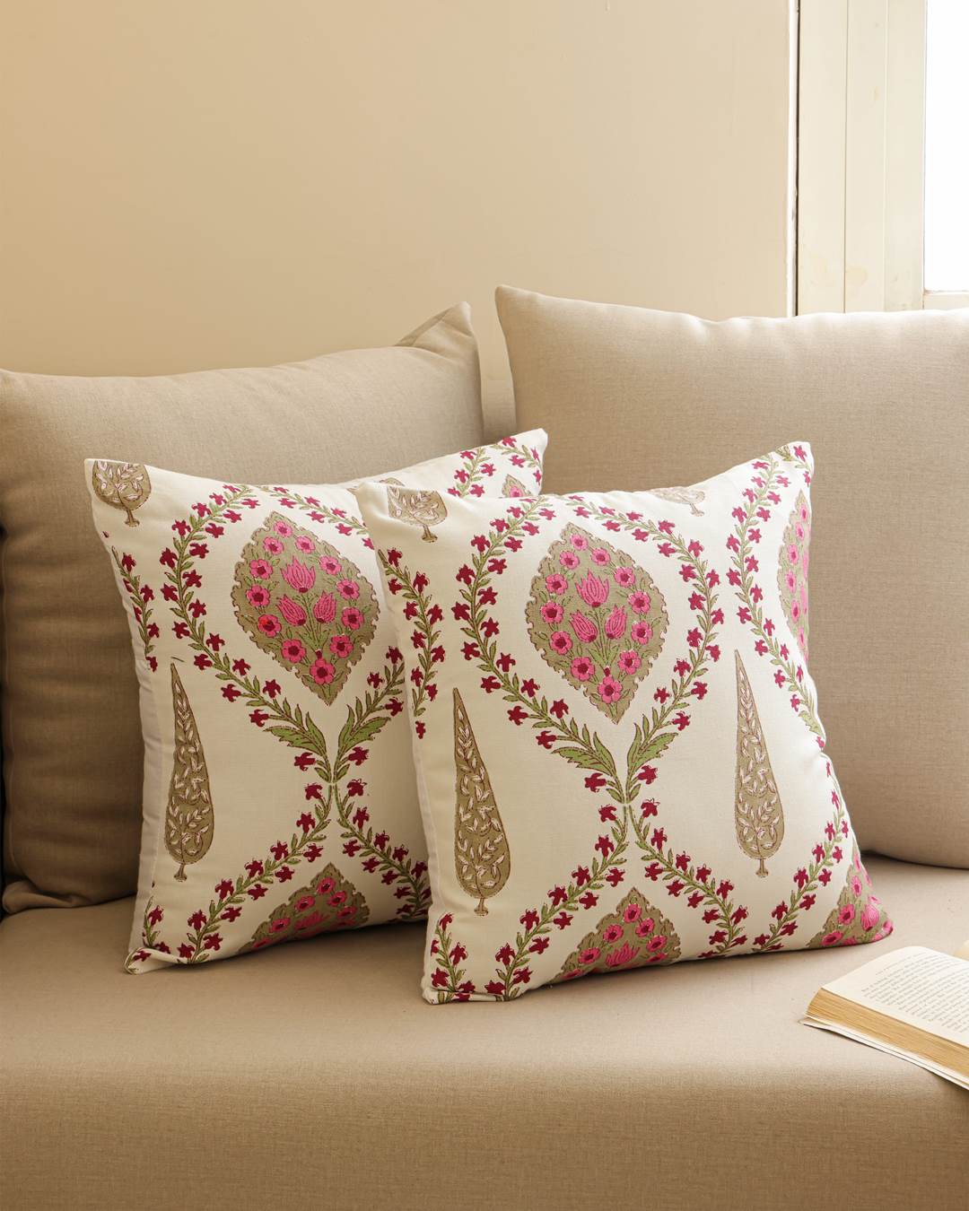 Duck Cotton Decorative Cushion Covers Ivory Pink Medallion | Set of 2 Cushion Covers 12x12 Inch