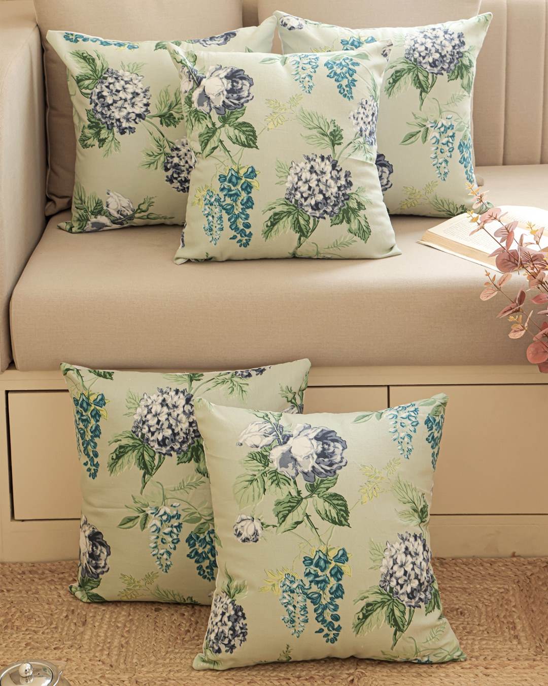 Duck Cotton Decorative Cushion Covers Sage Green Floral | Set of 5 Cushion Covers 20x20 Inch