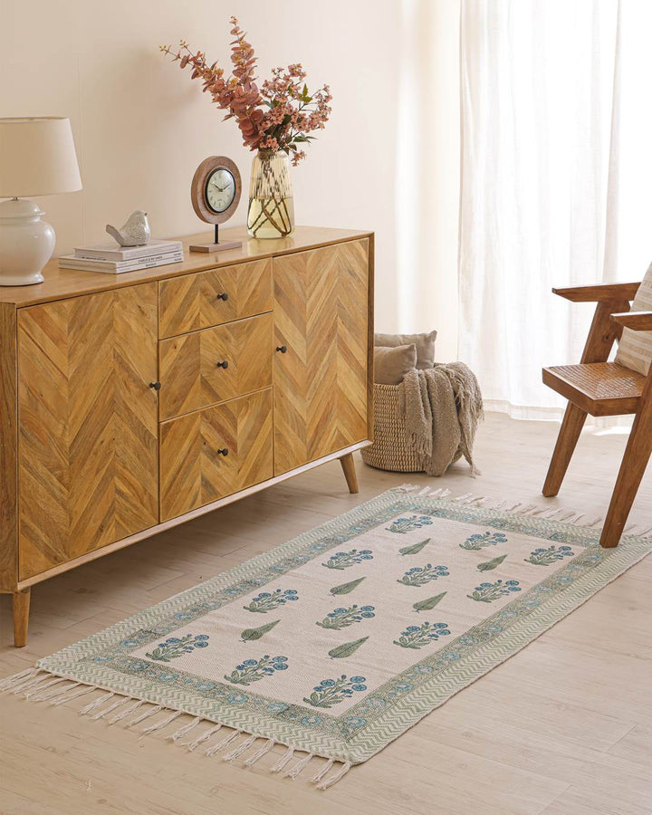 Hand Block Print Dari Carpet 3x5 Feet – Blue Blossom Rug with Tassels