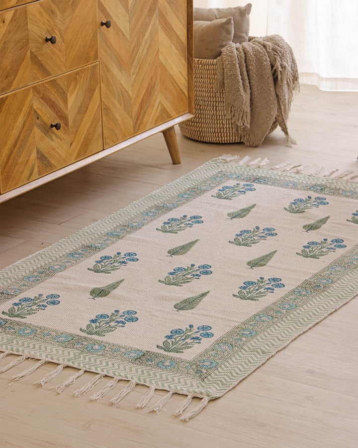 Hand Block Print Dari Carpet 3x5 Feet – Blue Blossom Rug with Tassels