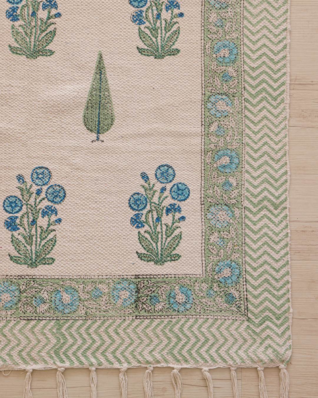 Hand Block Print Dari Carpet 3x5 Feet – Blue Blossom Rug with Tassels
