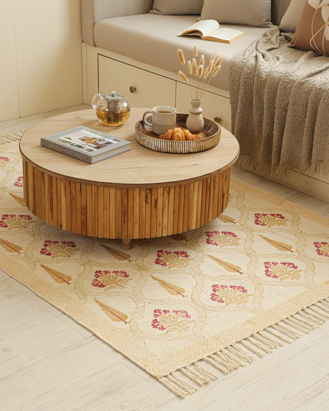 Hand Block Print Dari Carpet 4x6 Feet – Vintage Rose Beige Rug with Tassels