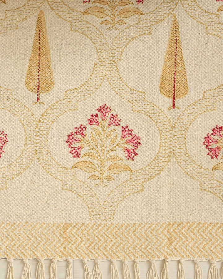 Hand Block Print Dari Carpet 4x6 Feet – Vintage Rose Beige Rug with Tassels