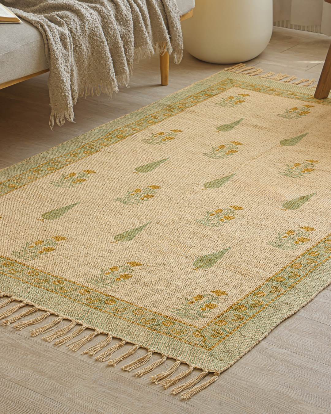 Hand Block Print Dari Carpet 4x6 Feet – Earthy Sage Rug with Tassels