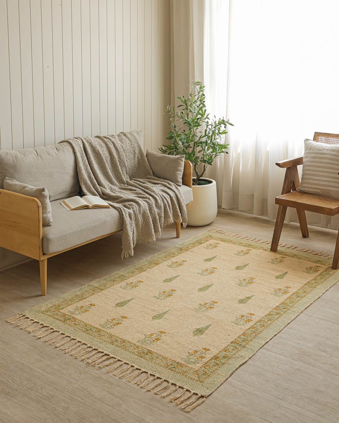 Hand Block Print Dari Carpet 4x6 Feet – Earthy Sage Rug with Tassels