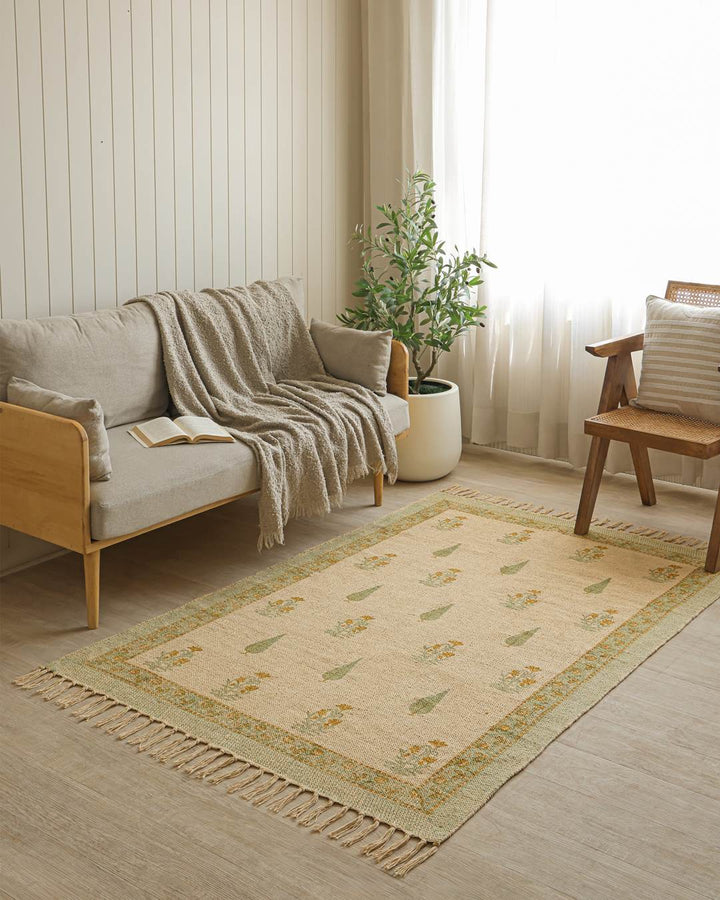 Hand Block Print Dari Carpet 4x6 Feet – Earthy Sage Rug with Tassels