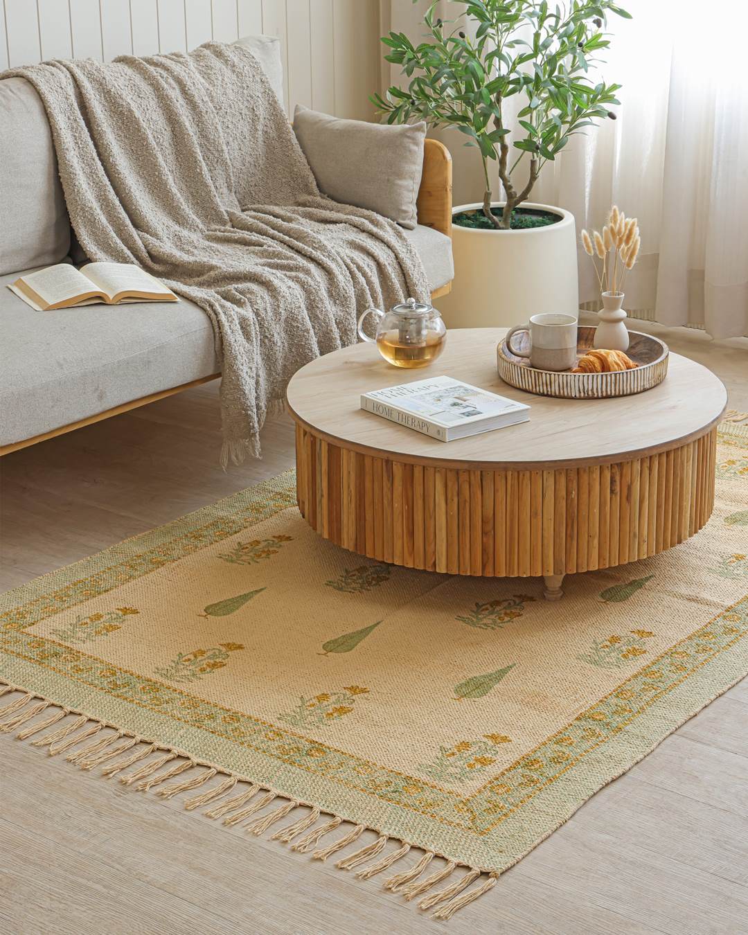 Hand Block Print Dari Carpet 4x6 Feet – Earthy Sage Rug with Tassels