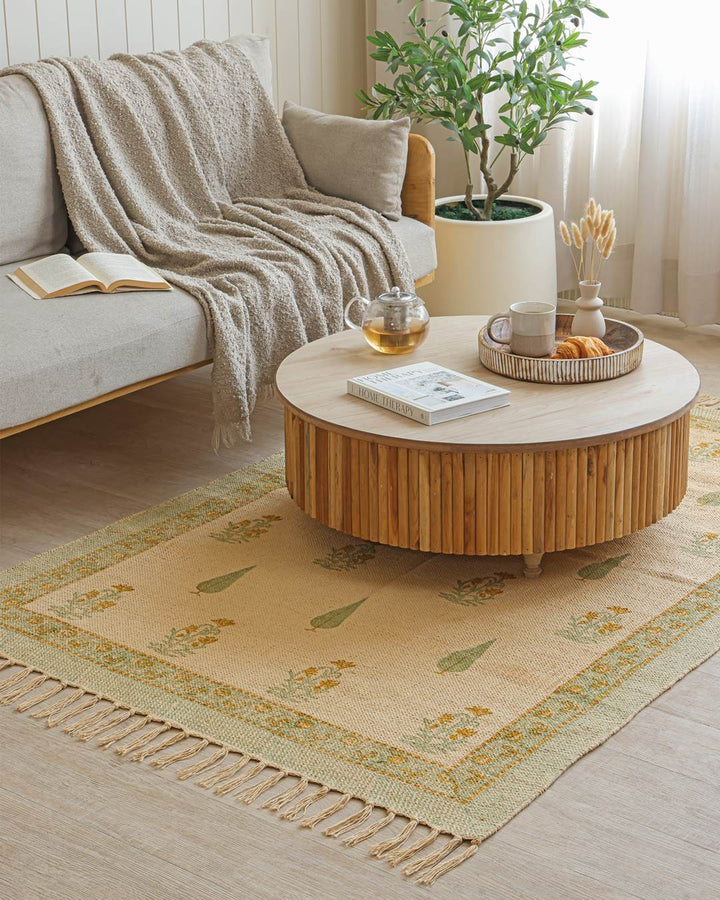 Hand Block Print Dari Carpet 4x6 Feet – Earthy Sage Rug with Tassels