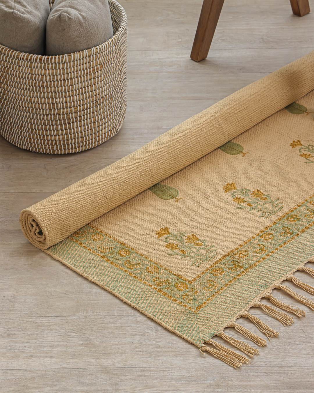 Hand Block Print Dari Carpet 4x6 Feet – Earthy Sage Rug with Tassels