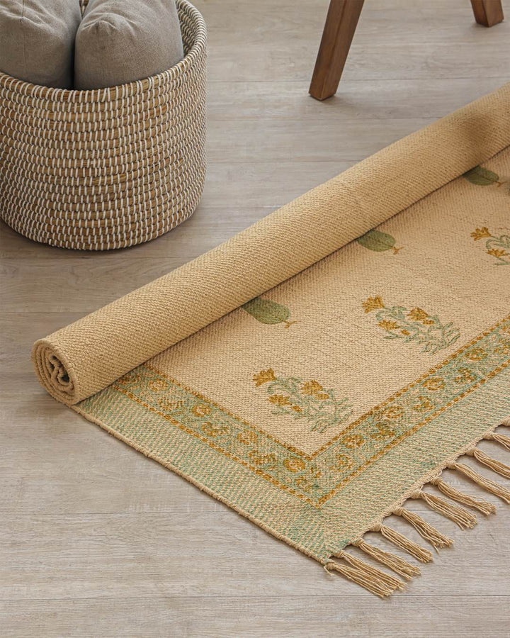 Hand Block Print Dari Carpet 4x6 Feet – Earthy Sage Rug with Tassels