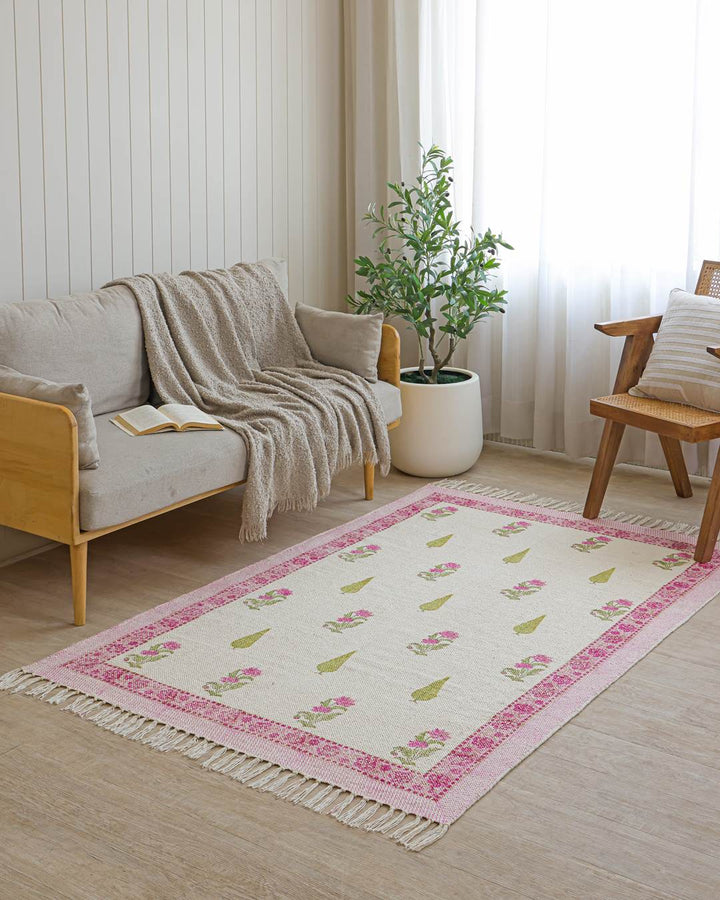Hand Block Print Dari Carpet 4x6 Feet – Blush Pink Rug with Tassels