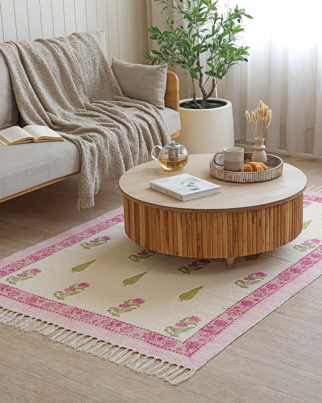 Hand Block Print Dari Carpet 4x6 Feet – Blush Pink Rug with Tassels