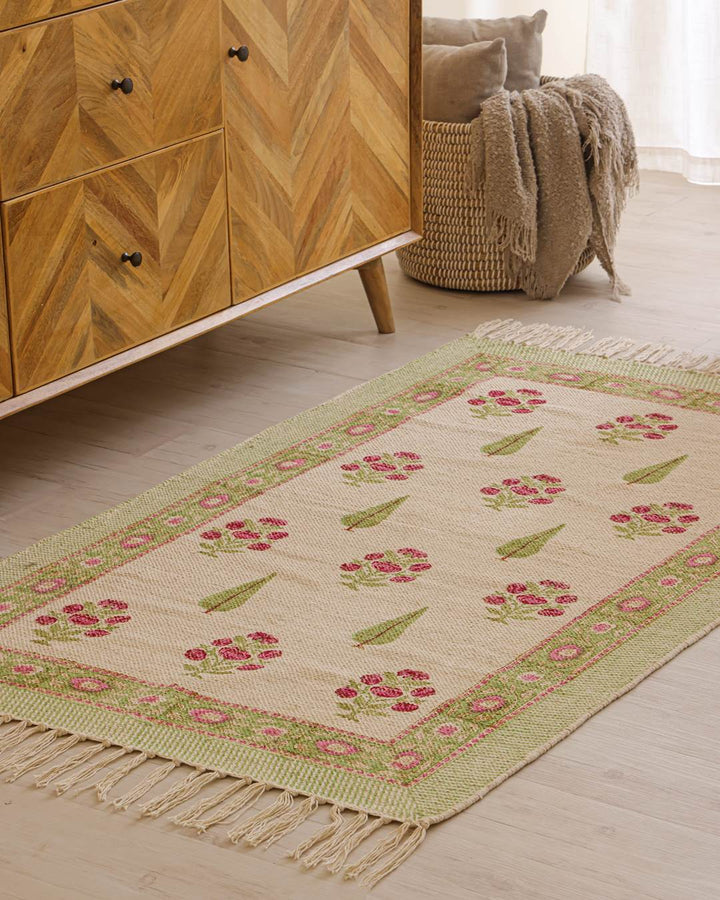 Hand Block Print Dari Carpet 3x5 Feet – Fresh Bloom Rug with Tassels