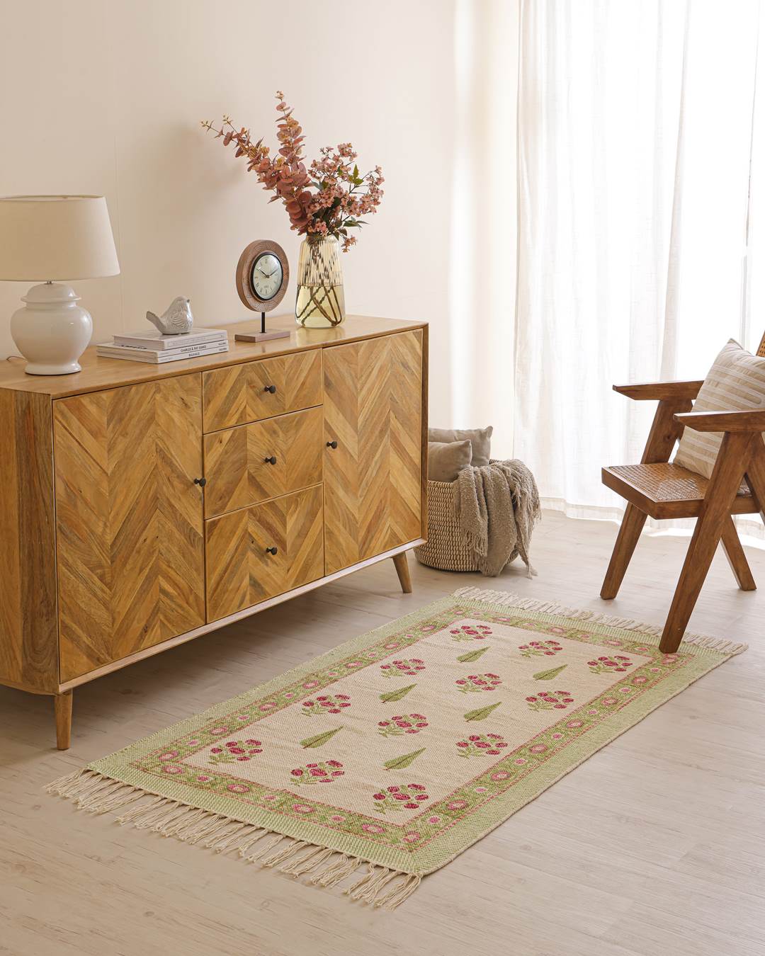 Hand Block Print Dari Carpet 3x5 Feet – Fresh Bloom Rug with Tassels