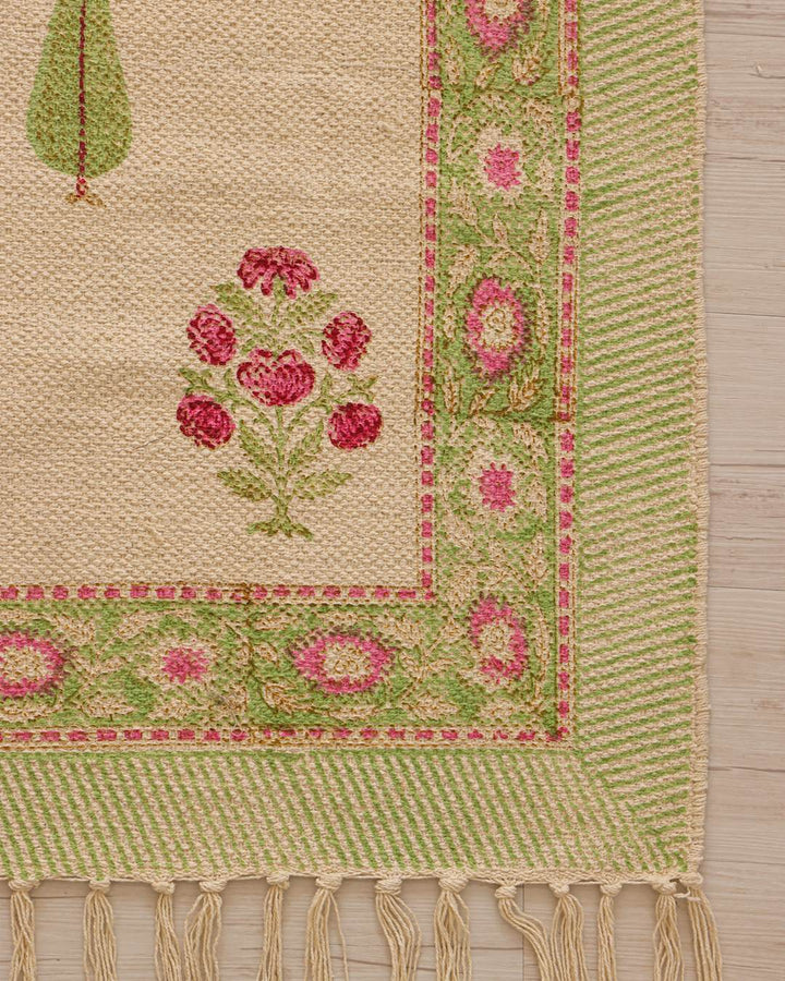 Hand Block Print Dari Carpet 3x5 Feet – Fresh Bloom Rug with Tassels