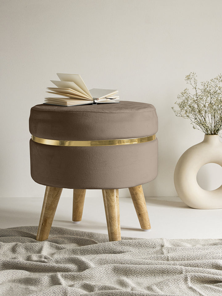 Suede Fossil Brown Stool With Golden Ring & Wood Legs