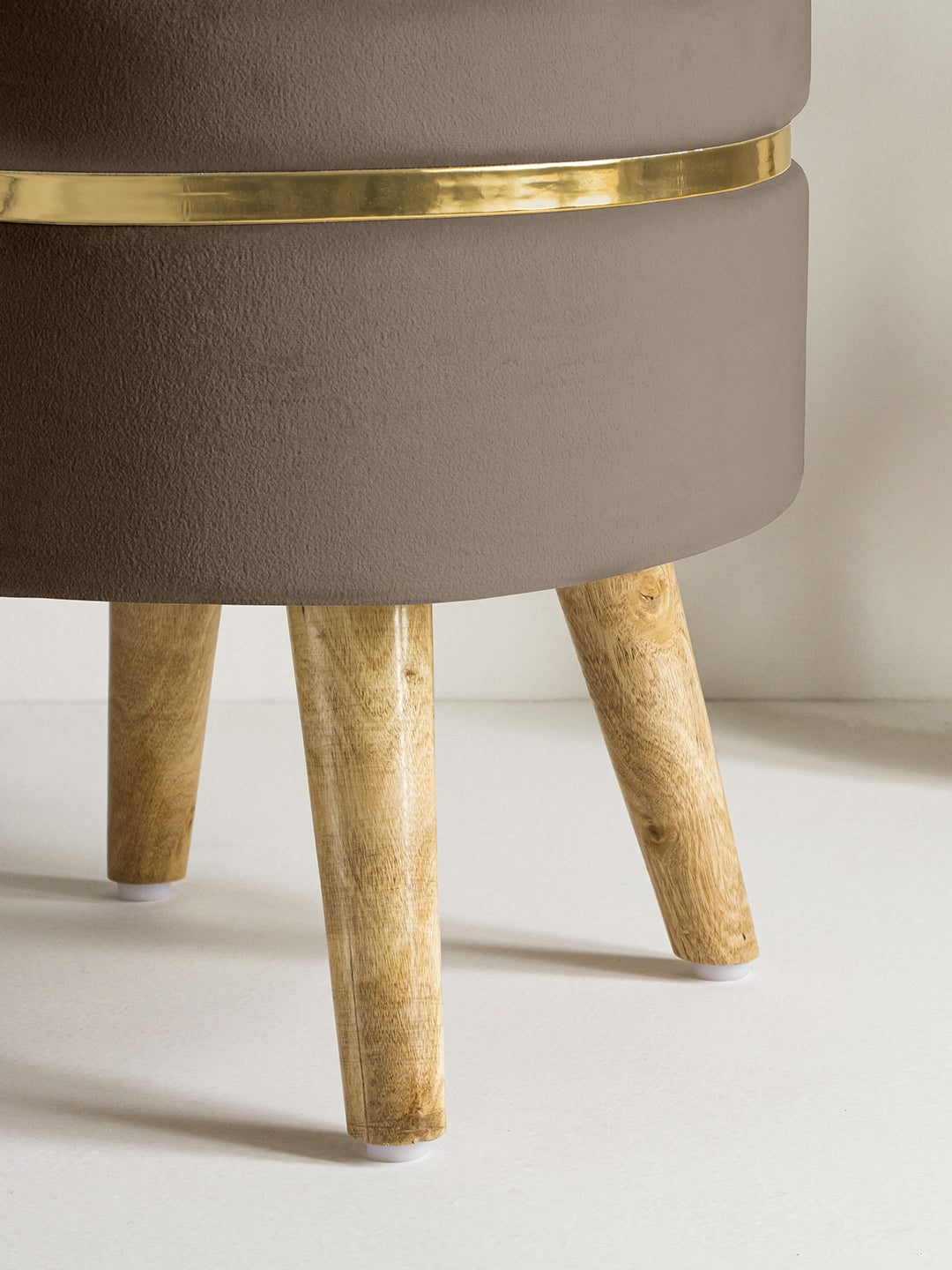 Suede Fossil Brown Stool With Golden Ring & Wood Legs