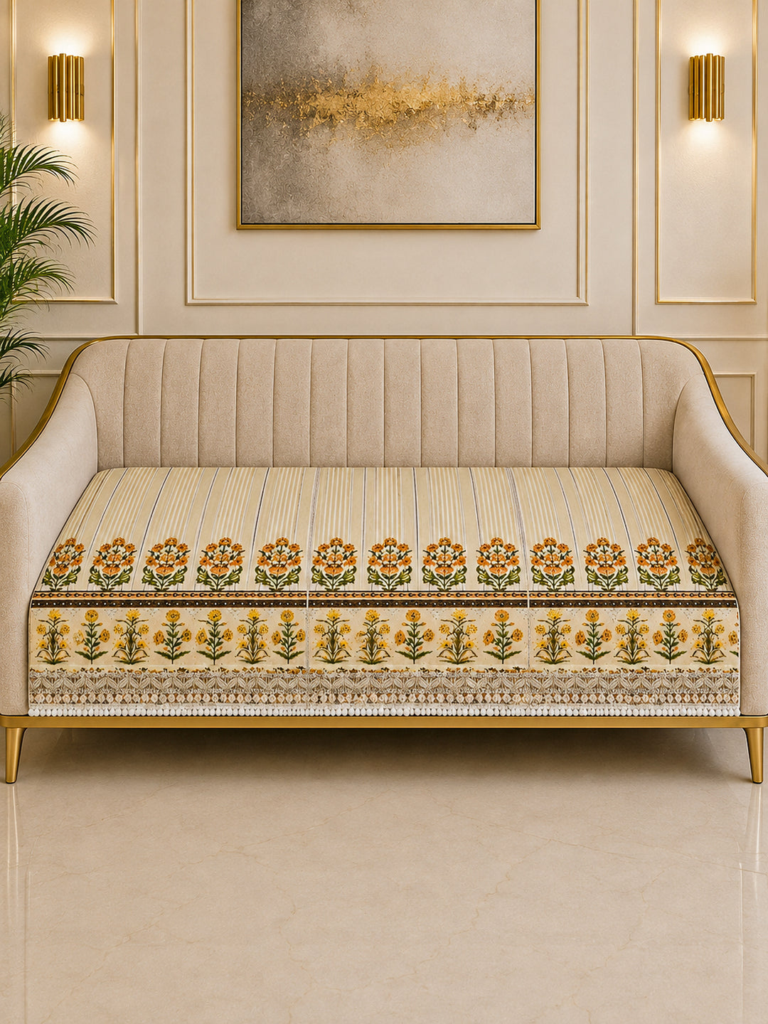 Suede Velvet Sofa Mat | Anti Skid & Machine Washable Sofa Cover Protector | Heritage Stripe - Ivory Cream