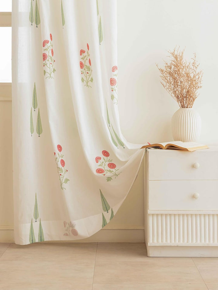 Block Print Sheer Door Curtains; 40% Light Filtering Linen Textured Curtains with Eyelets; Set of 2; 54x84 Inches/ 7 Feet; Elysian Blossom
